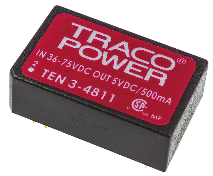 TRACOPOWER TEN 3 DC-DC Converter, 5V dc/ 500mA Output, 36 → 72 V dc Input, 3W, Through Hole, +85°C Max Temp