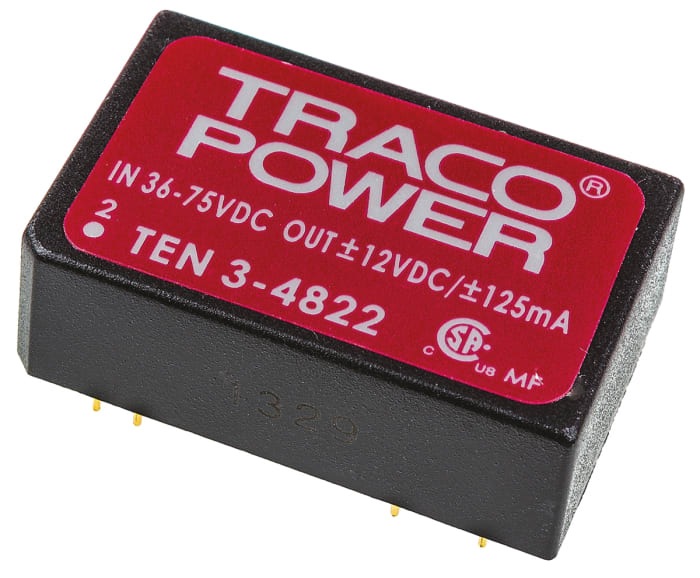 TRACOPOWER TEN 3 DC-DC Converter, ±12V dc/ ±125mA Output, 36 → 72 V dc Input, 3W, Through Hole, +85°C Max Temp