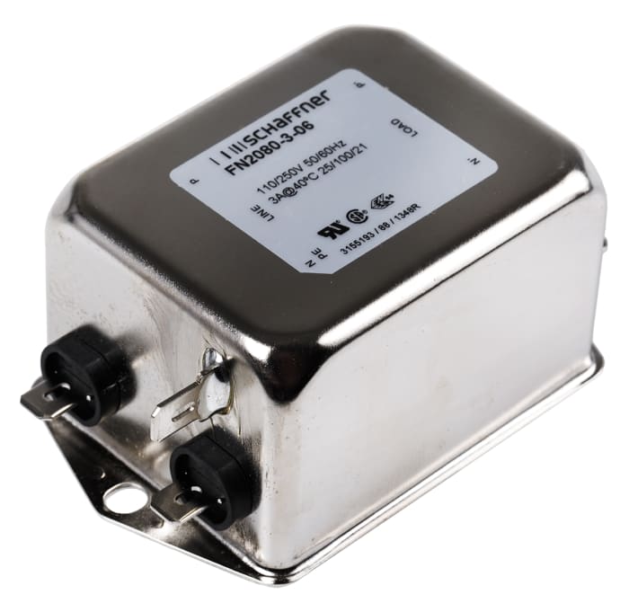 Schaffner, FN2080 3A 250 V ac/dc 400Hz, Chassis Mount EMI Filter, Fast-On, Single Phase