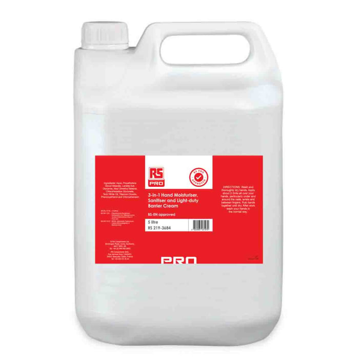 RS PRO Hand Protection Hand Sanitiser, Moisturiser and Barrier Cream - 5 L Bottle