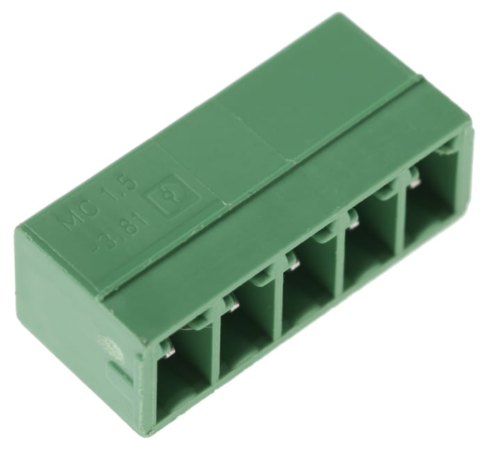 Phoenix Contact, 3.81mm Pitch, MC 1.5/ 5-G-3.81, 5 Way, Right Angle, Pluggable Terminal Block, Header, Through Hole,