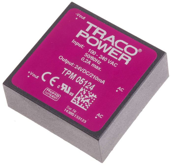 TRACOPOWER Embedded Switch Mode Power Supply SMPS, TPM 05124, 24V dc, 210mA, 5W, 1 Output, 100 → 375 V dc, 85