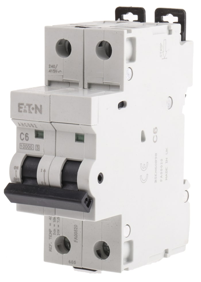 Eaton Memera AHC MCB, 2P, 6A Curve C, 10 kA Breaking Capacity
