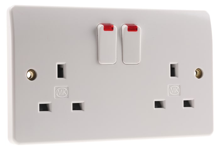 MK Electric Logic Plus White 2 Gang Plug Socket, 2 Poles, 13A, Type G - British, Indoor Use