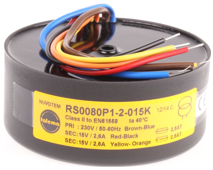Nuvotem Talema 230V ac, 2 x 15V ac Toroidal Transformer, 80VA 2 Output