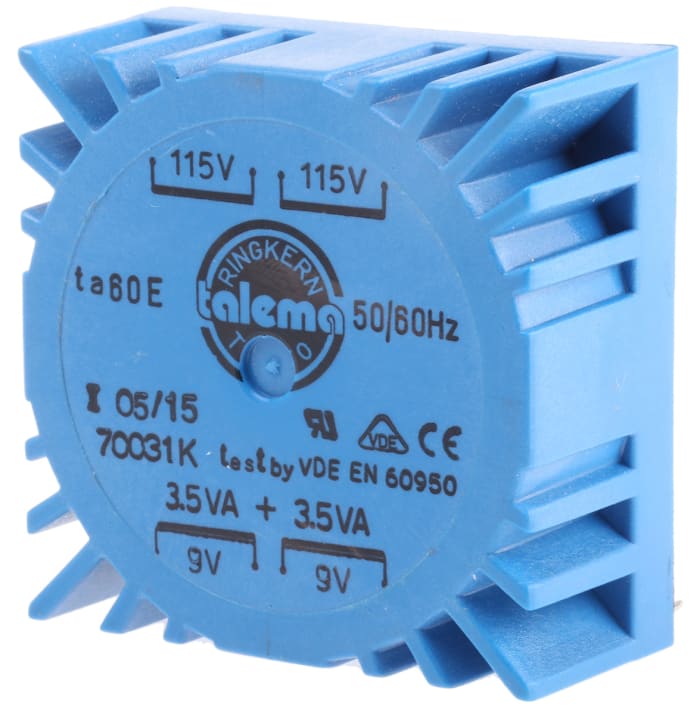 Nuvotem Talema 115 V ac, 230 V ac, 2 x 9V ac Toroidal Transformer, 7VA 2 Output