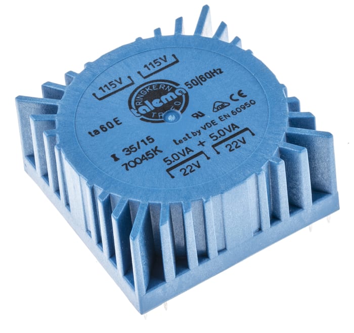 Toroidní transformátor, počet výstupů: 2, sekundární napětí: 2 x 22V ac, Plošný spoj, Kolík, 55 x 55 x 26mm