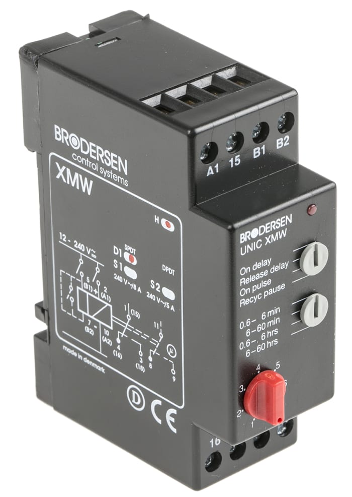 Brodersen Systems XMW-D1 Series DIN Rail Mount Timer Relay, 10.5 → 265V ac/dc, 1-Contact, 0.6-6 hrs, 0.6-6min,