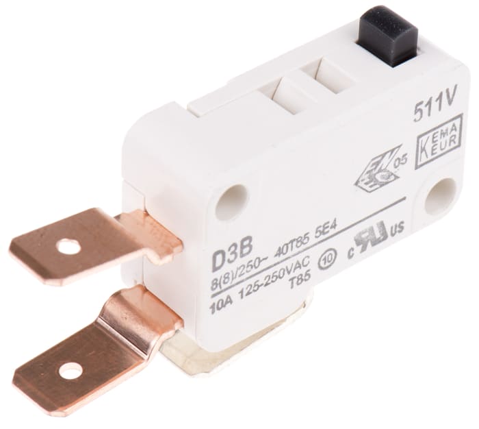 ZF Button Microswitch, Tab Terminal, 10 A @ 250 V ac, SPDT