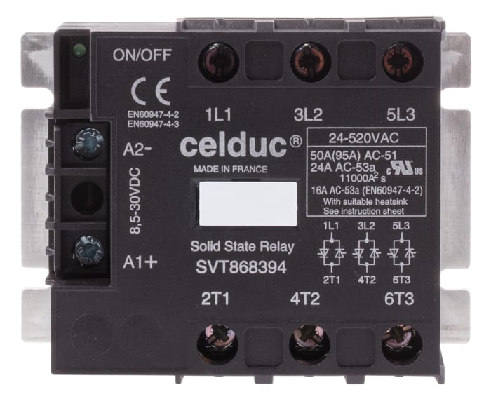 Celduc Solid State Relay, 50 A Load, Chassis Mount, 530 V rms Load, 30 V Control