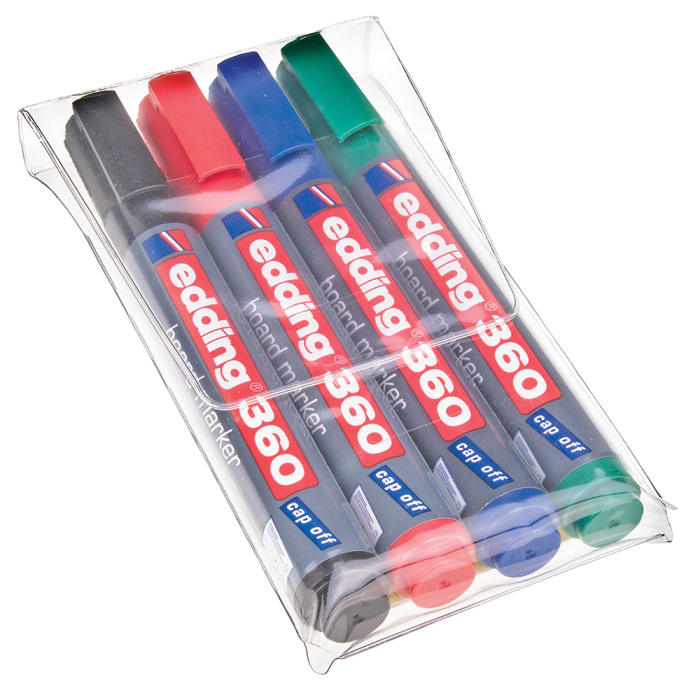 Marqueurs pour tableaux blancs Edding, Noir, Bleu, Vert, Rouge, Pointe ronde, 1,5 → 3 mm, Pochette de 4.
