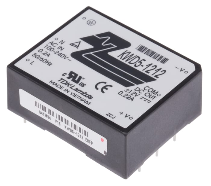 TDK-Lambda Switching Power Supply, KWD5-1212, ±12V dc, ±220mA, 5W, Dual Output, 110 → 340 V dc, 85 → 265