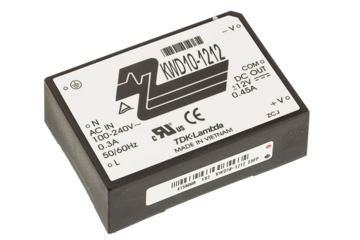 TDK-Lambda Switching Power Supply, KWD10-1212, ±12V dc, ±450mA, 10W, Dual Output, 110 → 340 V dc, 85 →