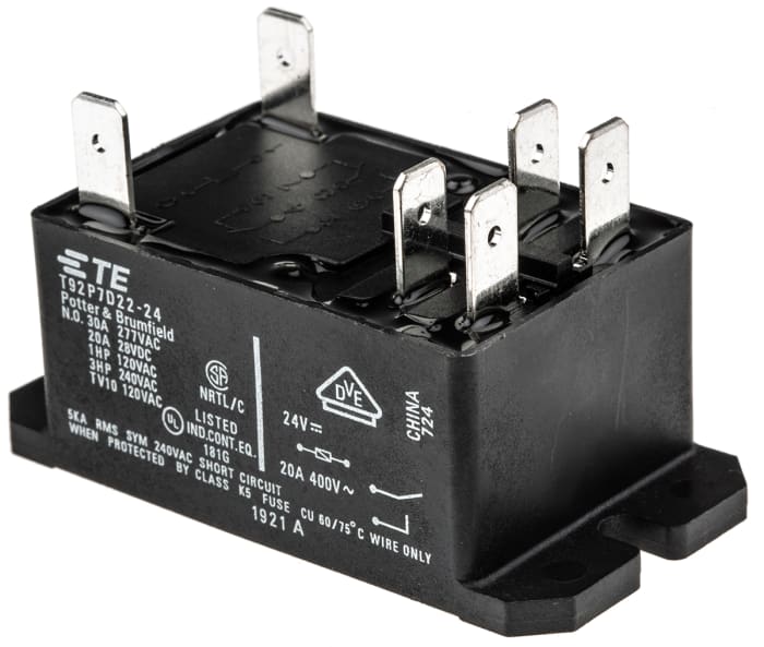 TE Connectivity Flange Mount Power Relay, 24V dc Coil, 30A Switching Current, DPST