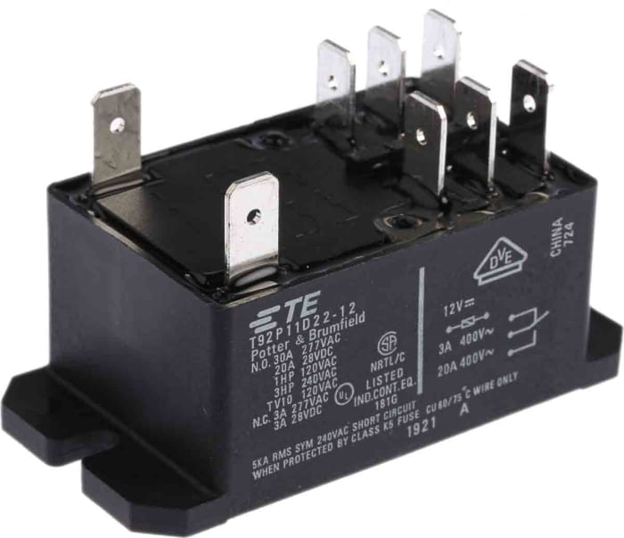 Relais de puissance TE Connectivity T92, 2 RT, bobine 12V c.c. Montage sur platine