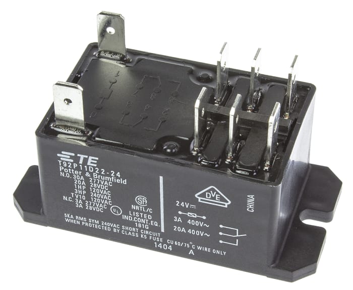 TE Connectivity Flange Mount Non-Latching Relay, 24V dc Coil, 30A Switching Current, DPDT