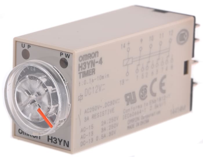 Omron H3YN Series DIN Rail, Panel Mount Timer Relay, 12V dc, 4-Contact, 0.1 s → 10min