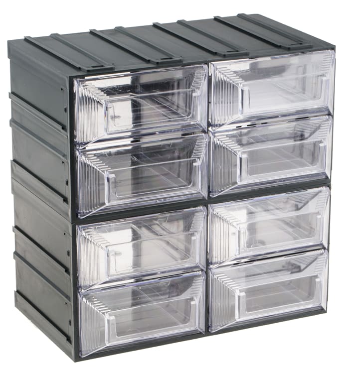 Módulo de cajones RS PRO Transparente de Plástico, con 8 cajones transparentes, 208mm x 208mm x 132mm