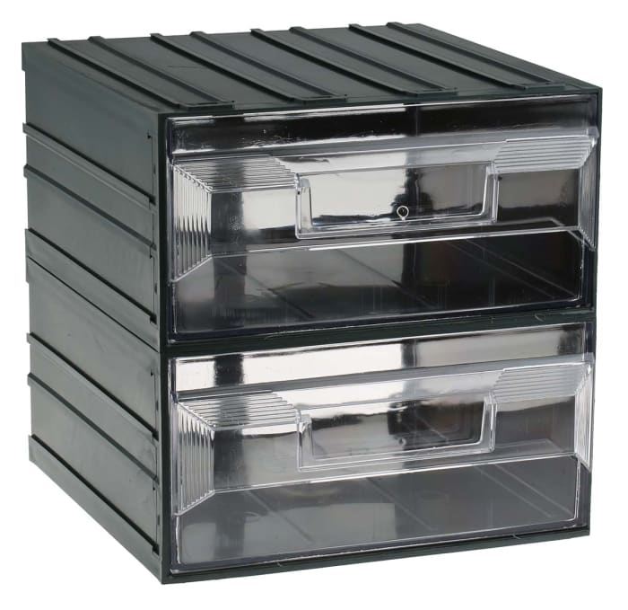 RS PRO 2 Drawer Storage Unit, Plastic, 208mm x 208mm x 222mm, Transparent