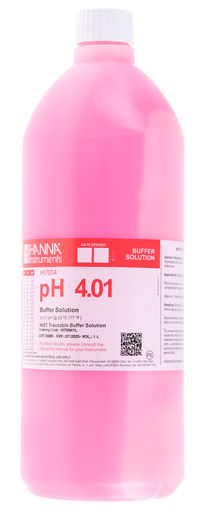 Solución tampón pH Hanna Instruments HI-7004/1L, Botella de 1L, pH 4.01pH