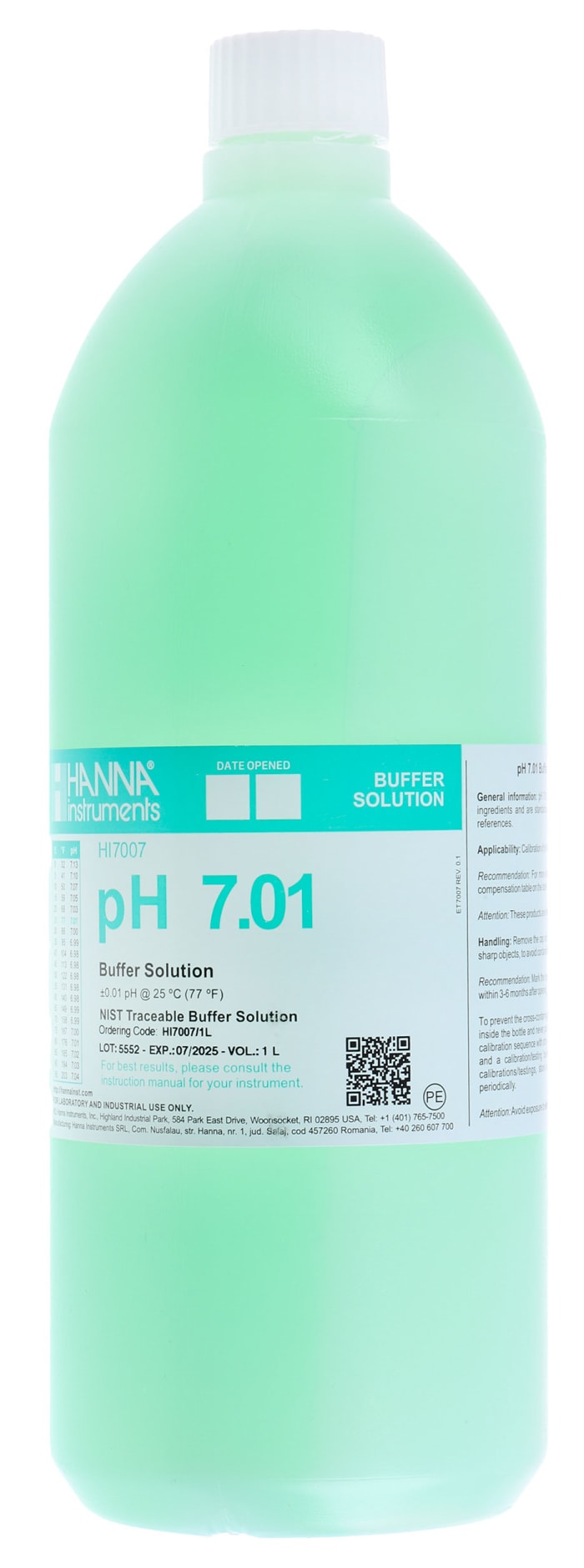 Hanna Instruments HI-7007/1L pH Buffer Solution, 1L Bottle, 7.01