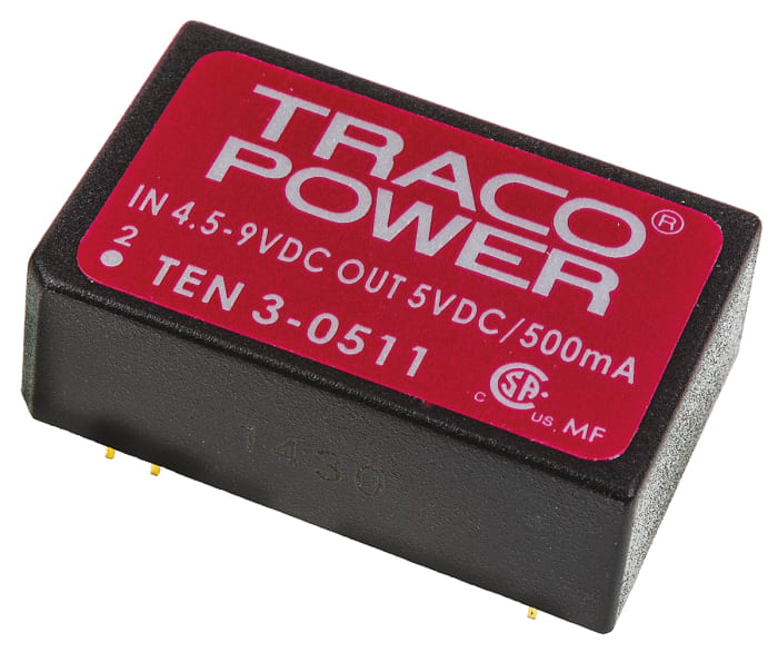 TRACOPOWER TEN 3 DC-DC Converter, 5V dc/ 500mA Output, 4.5 → 9 V dc Input, 3W, Through Hole, +85°C Max Temp