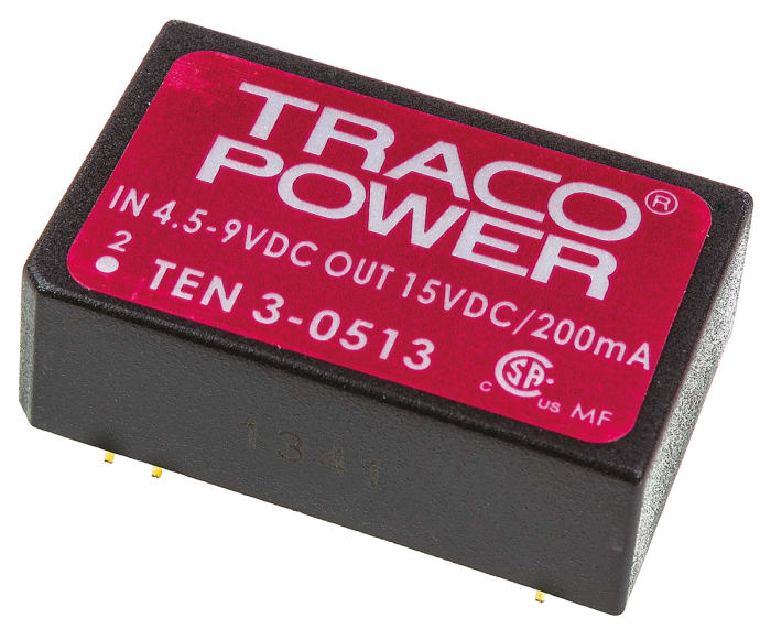 TRACOPOWER TEN 3 DC-DC Converter, 15V dc/ 200mA Output, 4.5 → 9 V dc Input, 3W, Through Hole, +85°C Max Temp