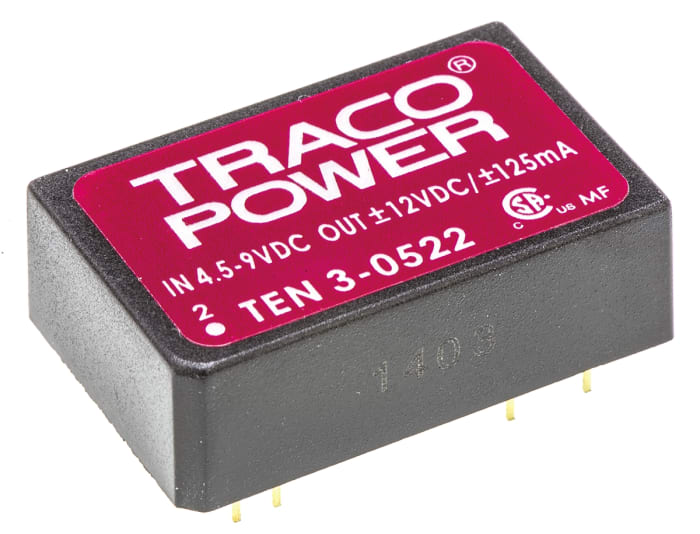 TRACOPOWER TEN 3 DC-DC Converter, ±12V dc/ ±125mA Output, 4.5 → 9 V dc Input, 3W, Through Hole, +85°C Max Temp
