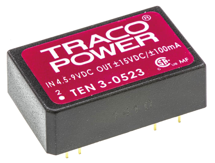 TRACOPOWER TEN 3 DC-DC Converter, ±15V dc/ ±100mA Output, 4.5 → 9 V dc Input, 3W, Through Hole, +85°C Max Temp