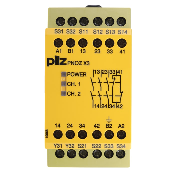 Relé de seguridad Pilz PNOZ X PNOZ X3 de 2 canales, para Parada de Emergencia, 24 V dc, 110V ac, cat. seg. ISO 13849-1 4