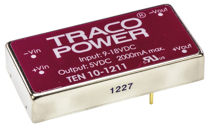 TRACOPOWER TEN 10 DC-DC Converter, 5V dc/ 2A Output, 9 → 18 V dc Input, 10W, Through Hole, +85°C Max Temp -40°C