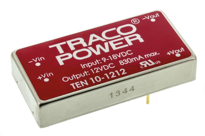 TRACOPOWER TEN 10 DC-DC Converter, 12V dc/ 830mA Output, 9 → 18 V dc Input, 10W, Through Hole, +85°C Max Temp