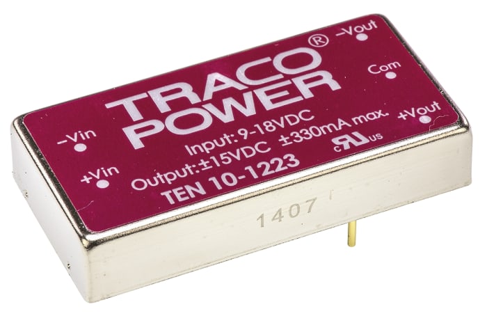 TRACOPOWER TEN 10 DC-DC Converter, ±15V dc/ ±330mA Output, 9 → 18 V dc Input, 10W, Through Hole, +85°C Max Temp
