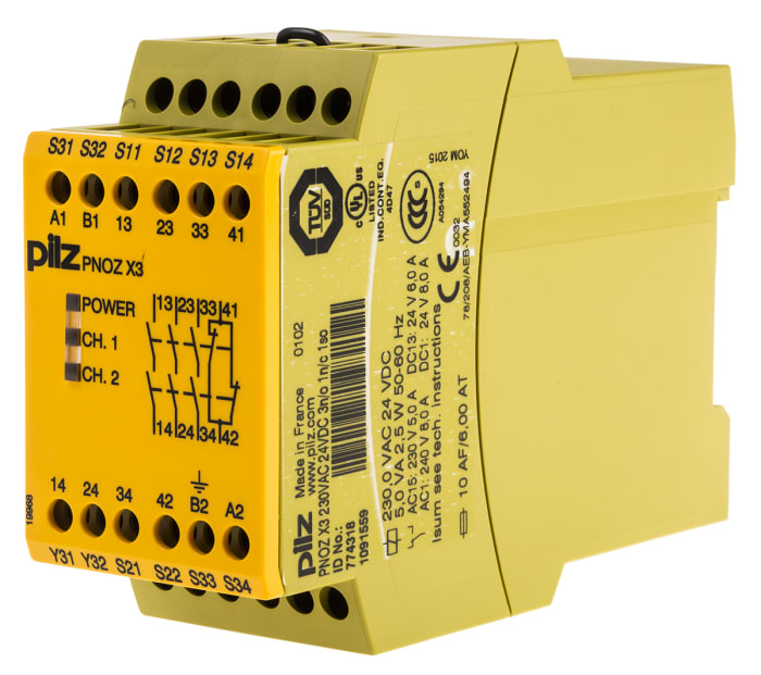 Relais de sécurité Pilz PNOZ X3, 24 V dc, 230V c.a., 2 canaux, 3 contacts de sécurité