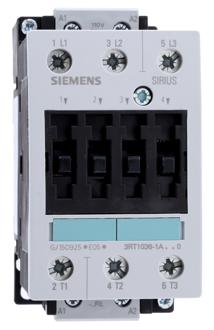Siemens 3RT1 Series Contactor, 110 V ac Coil, 3-Pole, 50 A, 22 kW, 3NO, 400 V ac