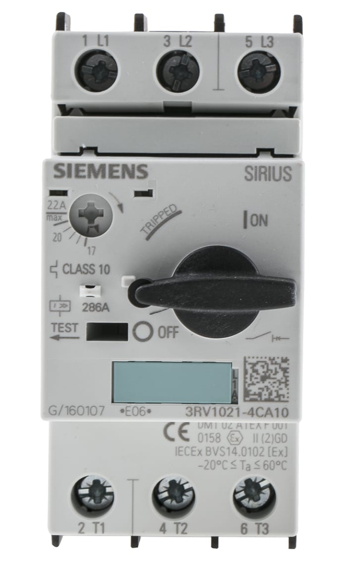 Disyuntor de protección de motor Siemens 17 → 22 A 3P, 50 kA, 690 V, Sirius Innovation, Serie 3RV1