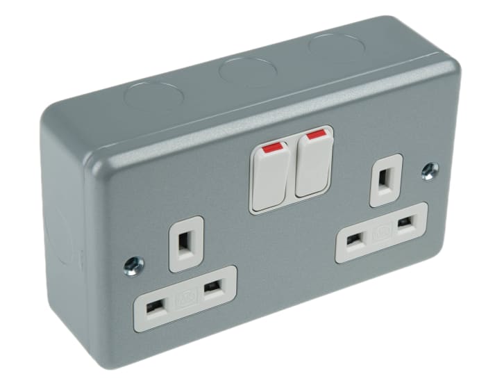 MK Electric Metalclad Plus Grey 2 Gang Plug Socket, 2 Poles, 13A, Type G - British, Indoor Use