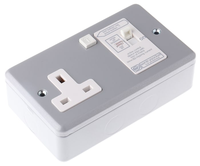 MK Electric Metalclad 13A, BS Fixing, Active, Single Gang RCD Socket, Steel, Surface Mount , Switched, 240 V ac, Grey