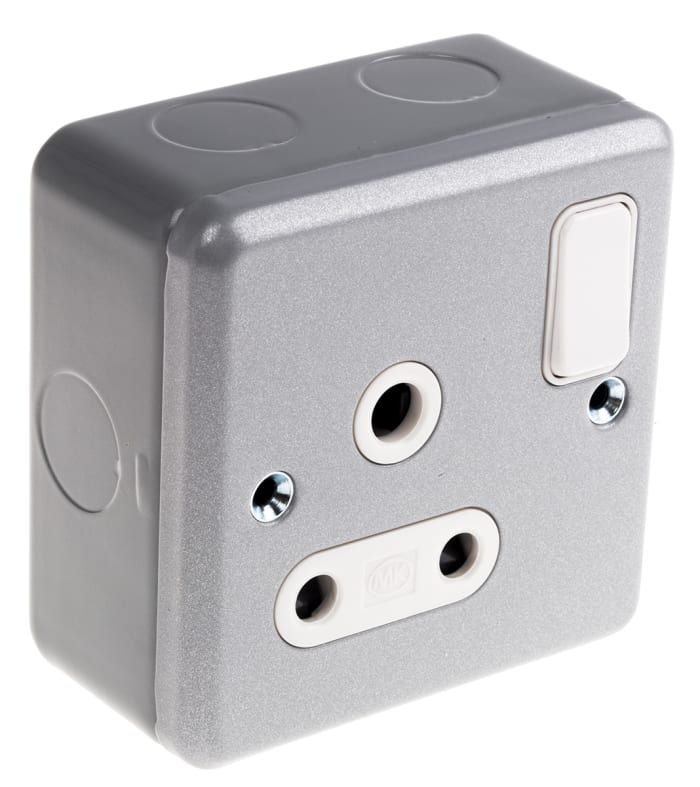 MK Gri Tekli Anahtarlı Priz, BS 546, Çelik Metal Kaplama, 15A, Yüzeye Monte, IP2XD