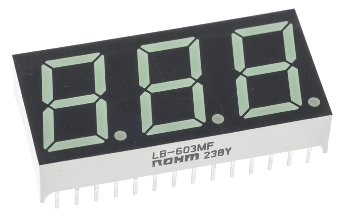 LB-603MF ROHM 3 Digit 7-Segment LED Display, CA Green 25 mcd RH DP 14.2mm