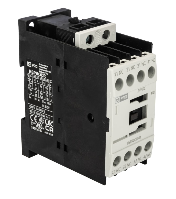 RS PRO | RS PRO Contactor, 24V dc Coil, 1-Pole, 4 A 24V dc, 4 NO, 500V ...