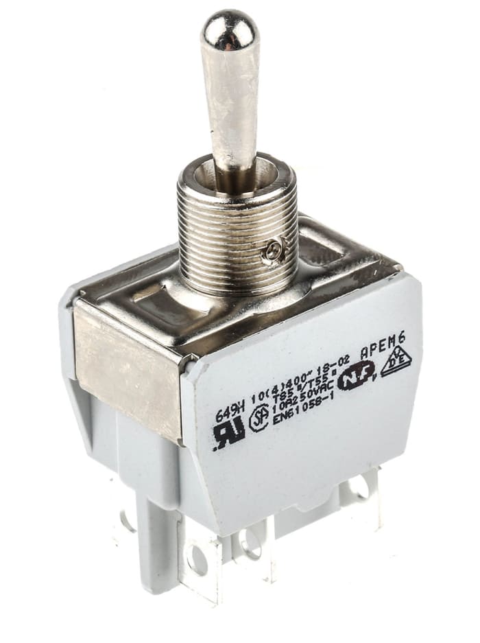 APEM Toggle Switch, Panel Mount, On-Off-On, DPST, Tab Terminal