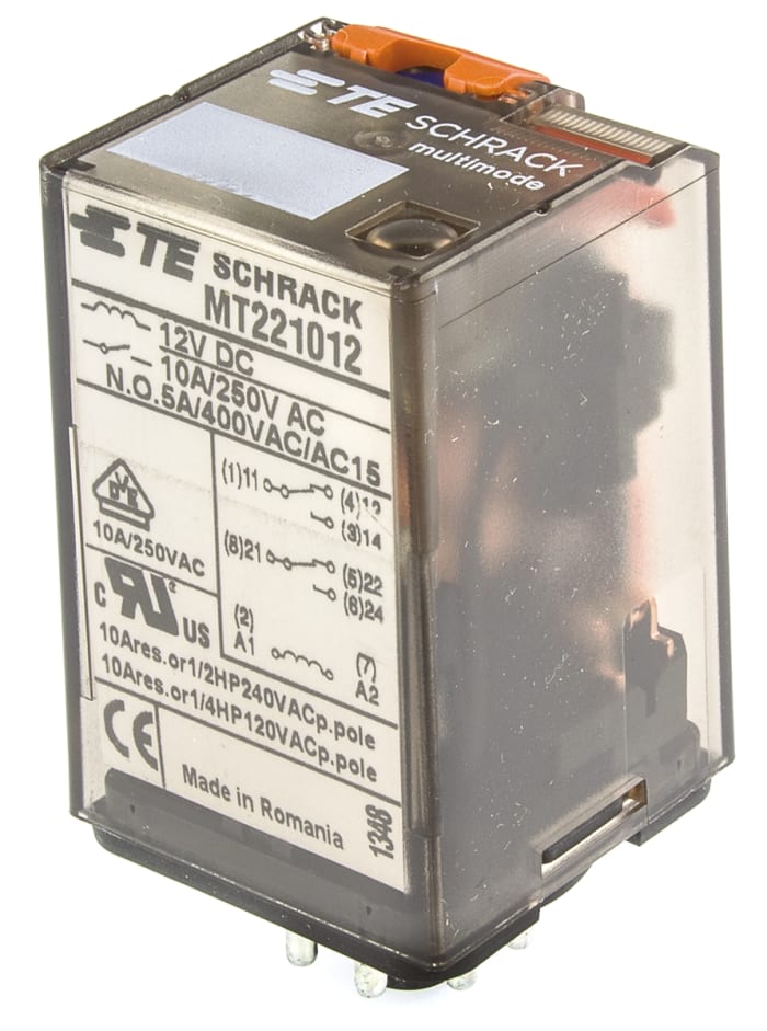 Relé de potencia sin enclavamiento TE Connectivity MT de 2 polos, DPDT, bobina 12V dc, 10A, enchufable