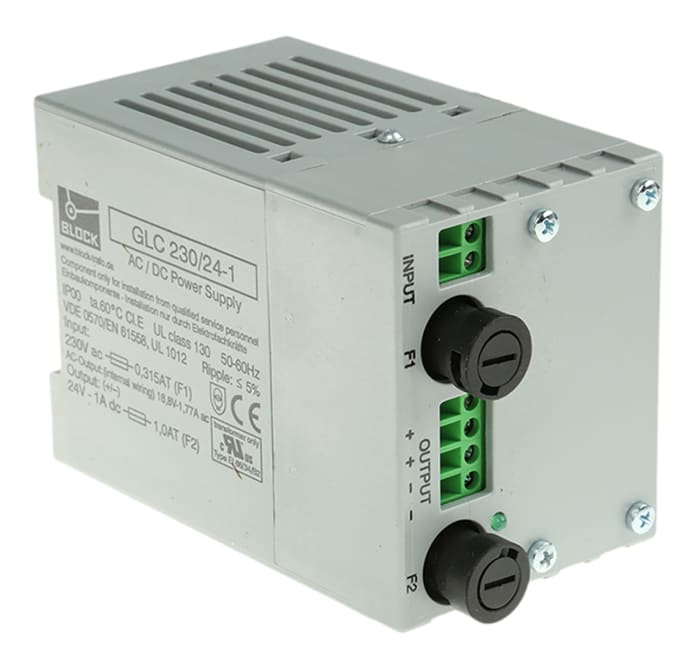Block GLC Linear DIN Rail Power Supply, 230V ac ac Input, 24V dc dc Output, 1A Output, 24W