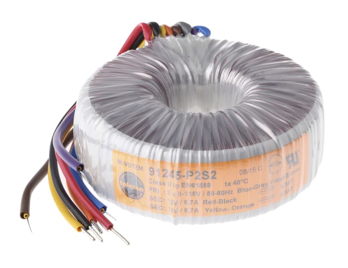 Toroidní transformátor, počet výstupů: 2, sekundární napětí: 2 x 12V ac, Kabely, 105 (Dia.) x 42mm
