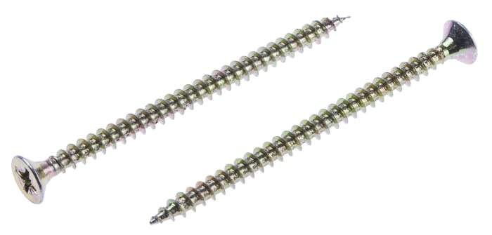 RS PRO Pozidriv Countersunk Steel Wood Screw, Yellow Passivated, Zinc Plated, 4.5mm Thread, 70mm Length