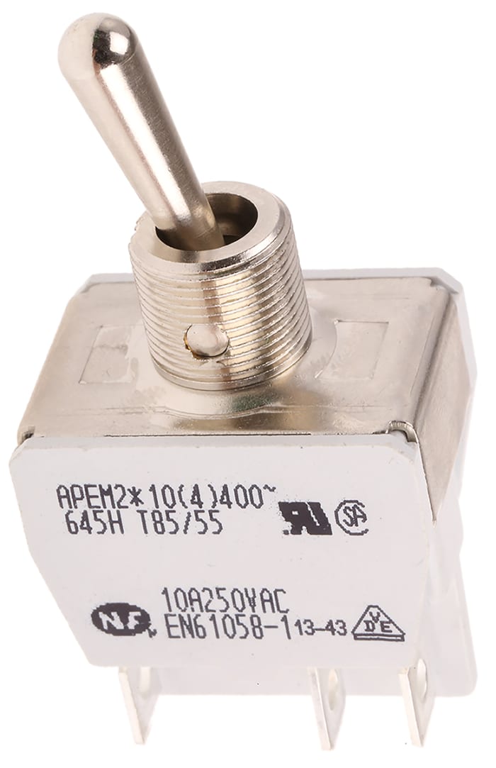 APEM Toggle Switch, Panel Mount, On-(On), DPST, Tab Terminal