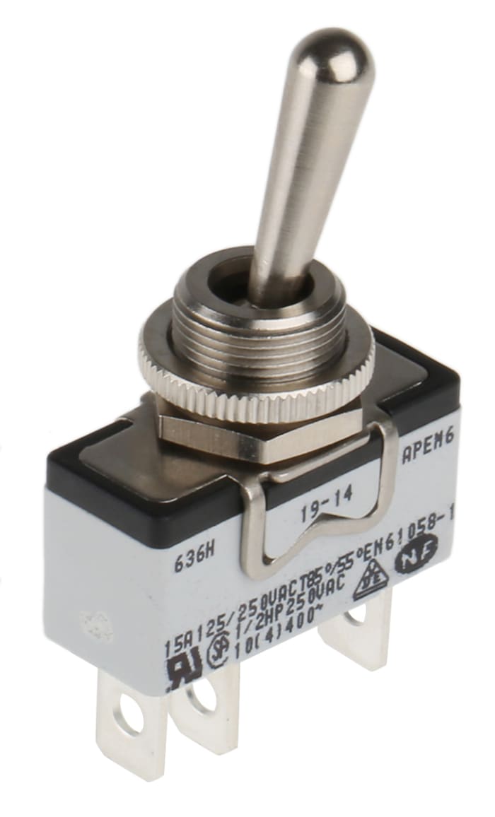 APEM Toggle Switch, Panel Mount, On-On, SPST, Tab Terminal