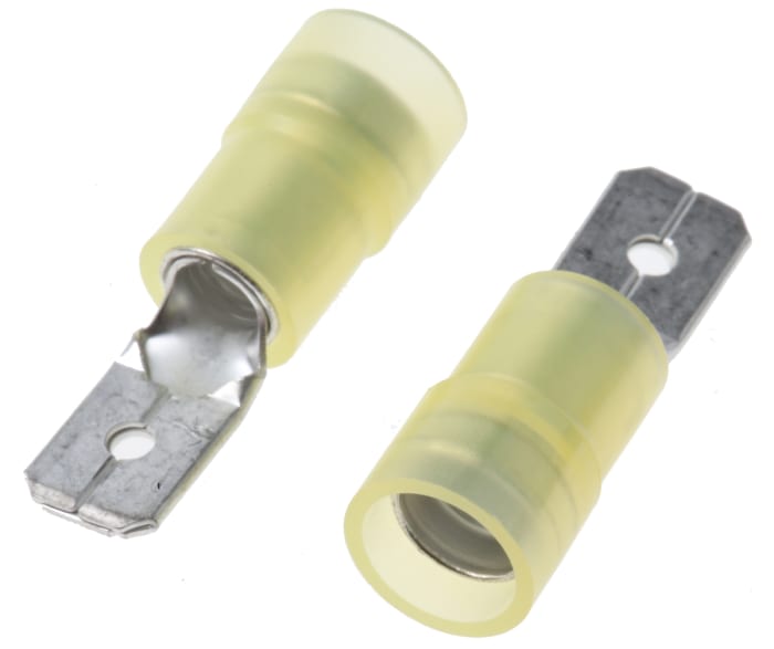 RS PRO Yellow Insulated Male Spade Connector, Double Crimp, 0.8 x 6.35mm Tab Size, 4mm² to 6mm²