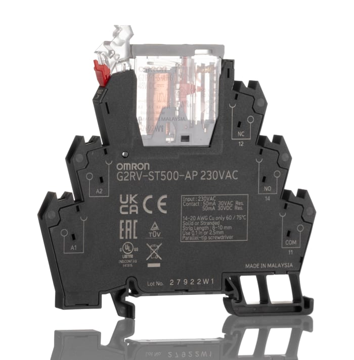 Omron G2RV-ST Series Electromechanical Interface Relay, DIN Rail Mount, 230V ac Coil, SPDT, 1-Pole, 50mA Load